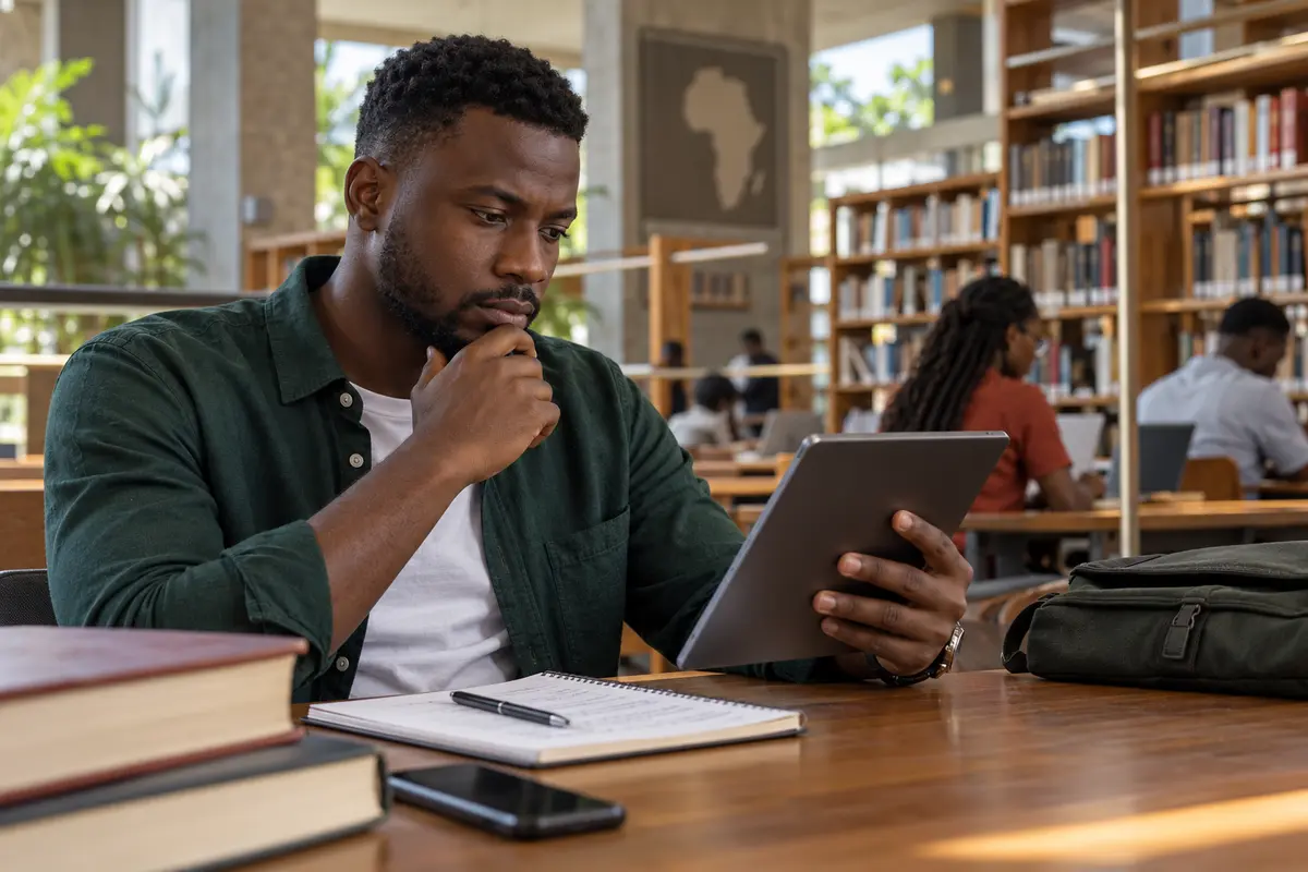Lecteur adulte étudiant une plateforme sportive dans une bibliothèque à Dakar